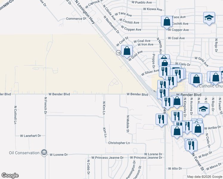 map of restaurants, bars, coffee shops, grocery stores, and more near 1302 West Bender Boulevard in Hobbs