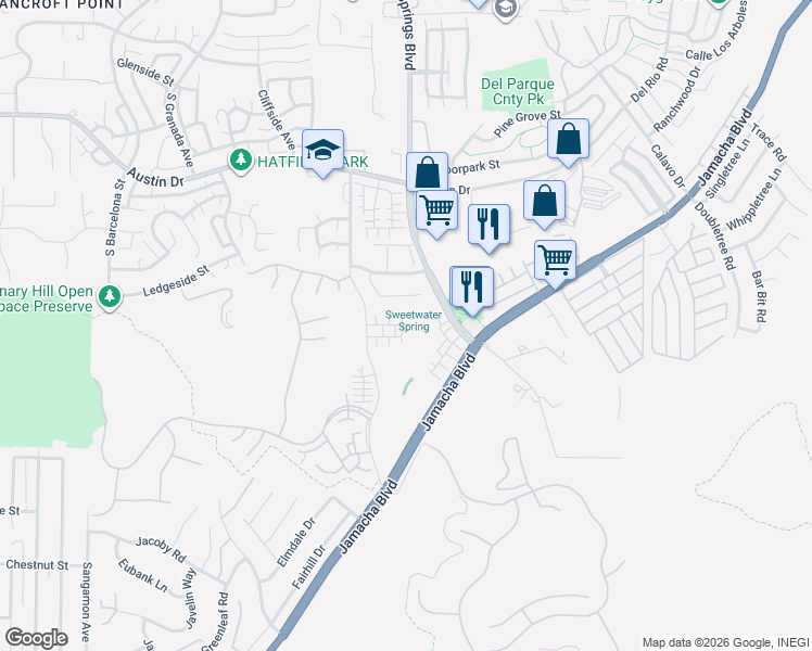 map of restaurants, bars, coffee shops, grocery stores, and more near 10163 Tres Lagos Court in Spring Valley