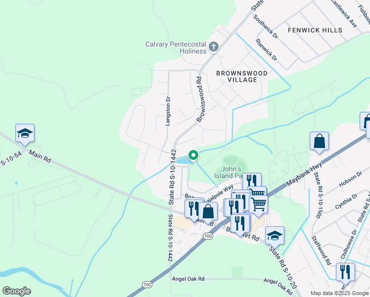 map of restaurants, bars, coffee shops, grocery stores, and more near 1603 Brownswood Road in Johns Island