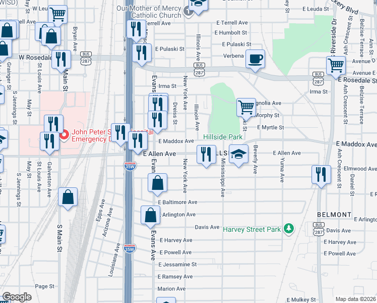 map of restaurants, bars, coffee shops, grocery stores, and more near 1617 New York Avenue in Fort Worth