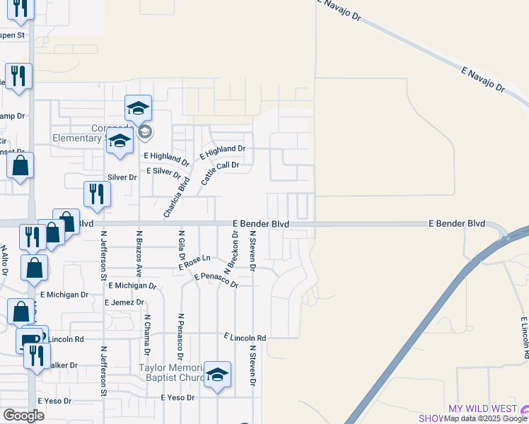map of restaurants, bars, coffee shops, grocery stores, and more near 2303 North Mimosa Lane in Hobbs