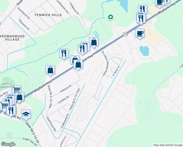 map of restaurants, bars, coffee shops, grocery stores, and more near 5036 Coral Reef Drive in Johns Island