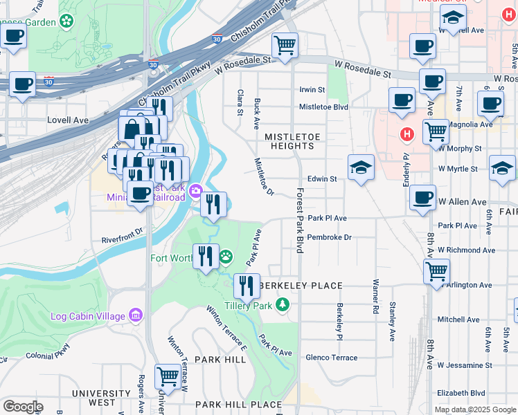 map of restaurants, bars, coffee shops, grocery stores, and more near 2325 Mistletoe Drive in Fort Worth