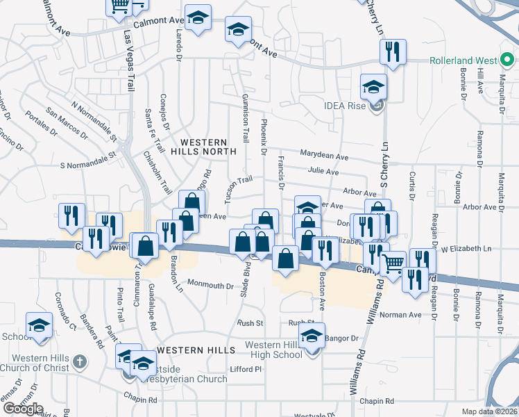map of restaurants, bars, coffee shops, grocery stores, and more near 3209 Phoenix Drive in Fort Worth