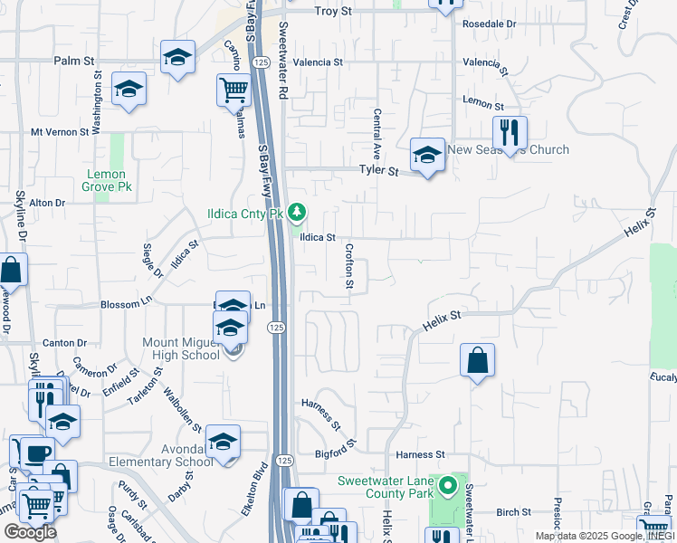 map of restaurants, bars, coffee shops, grocery stores, and more near 2020 Ildica Way in Spring Valley
