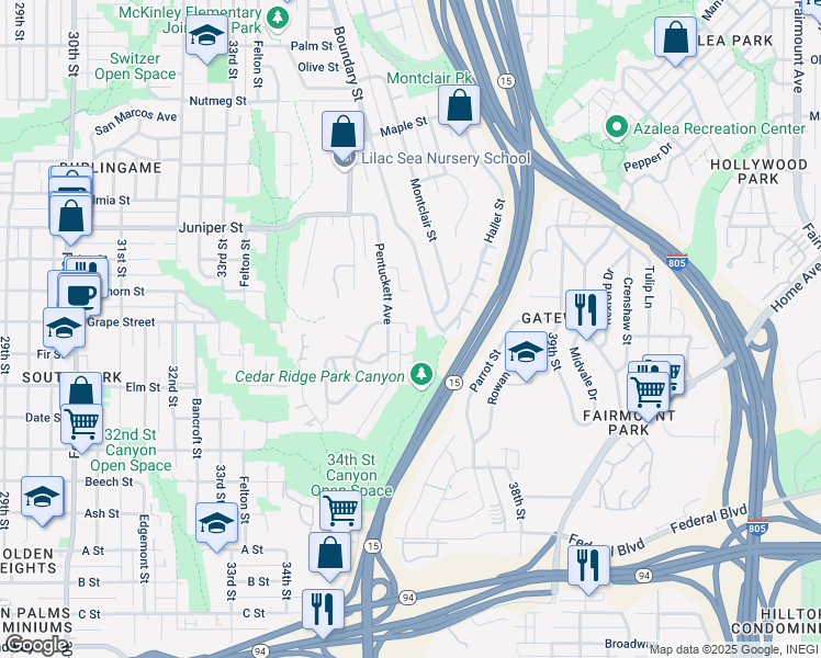 map of restaurants, bars, coffee shops, grocery stores, and more near 2028 Boundary Street in San Diego