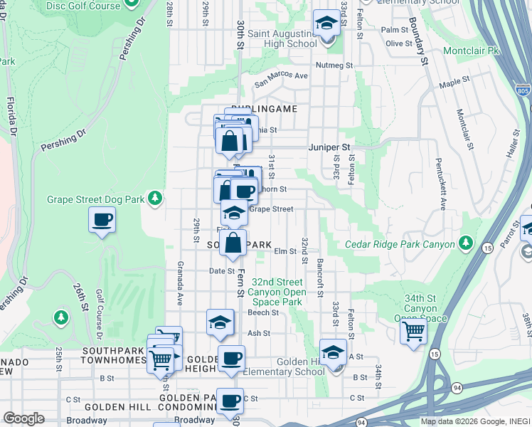 map of restaurants, bars, coffee shops, grocery stores, and more near in San Diego