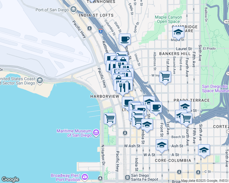 map of restaurants, bars, coffee shops, grocery stores, and more near 935 West Ivy Street in San Diego