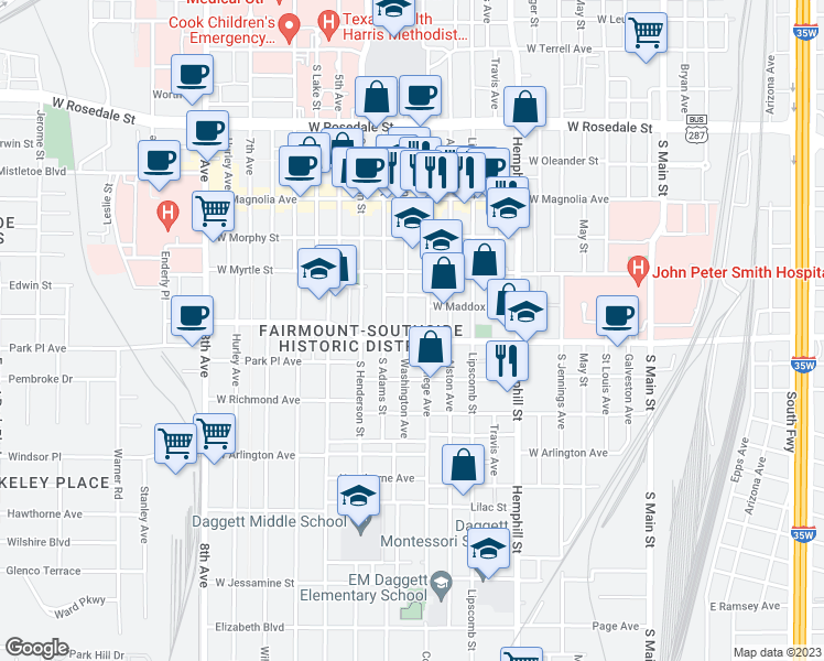 map of restaurants, bars, coffee shops, grocery stores, and more near 1601 College Avenue in Fort Worth