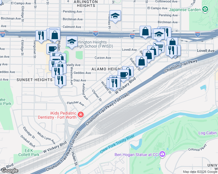 map of restaurants, bars, coffee shops, grocery stores, and more near 4209 Valentine Street in Fort Worth