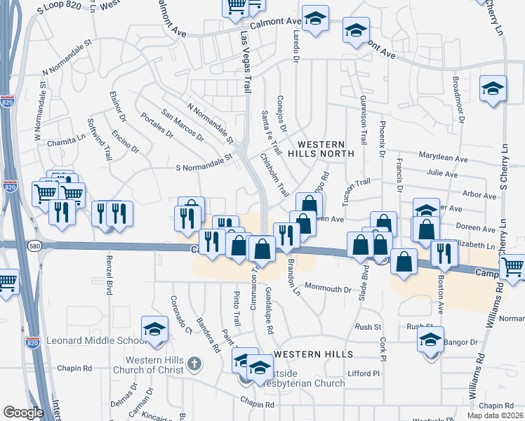 map of restaurants, bars, coffee shops, grocery stores, and more near 3213 Las Vegas Trail in Fort Worth