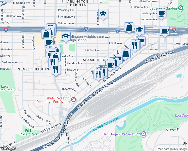 map of restaurants, bars, coffee shops, grocery stores, and more near 4237 Alamo Avenue in Fort Worth