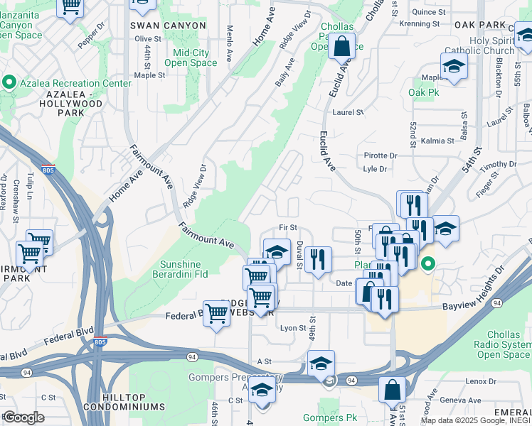 map of restaurants, bars, coffee shops, grocery stores, and more near in San Diego
