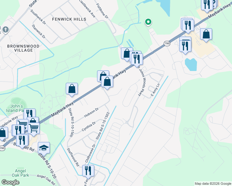 map of restaurants, bars, coffee shops, grocery stores, and more near 3360 Brenda Drive in Johns Island