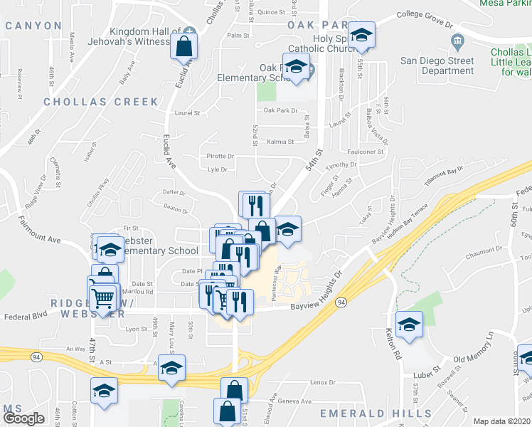 map of restaurants, bars, coffee shops, grocery stores, and more near 2012 54th Street in San Diego