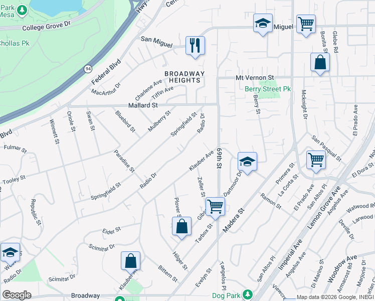 map of restaurants, bars, coffee shops, grocery stores, and more near 6743 Radio Drive in San Diego