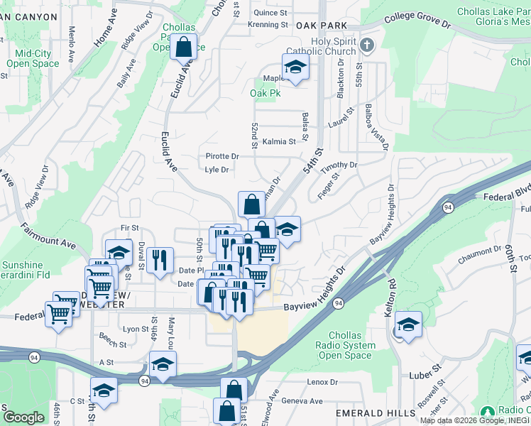 map of restaurants, bars, coffee shops, grocery stores, and more near 2012 54th Street in San Diego