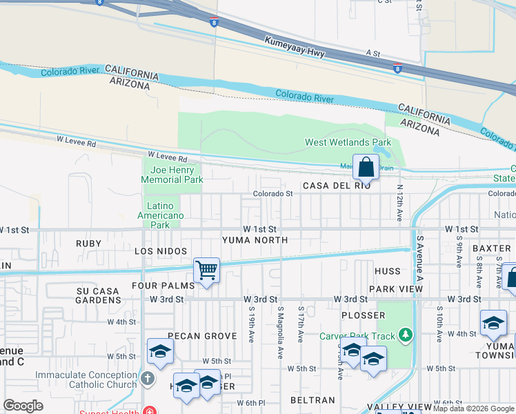 map of restaurants, bars, coffee shops, grocery stores, and more near 1927-1963 Colorado Street in Yuma