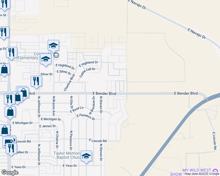map of restaurants, bars, coffee shops, grocery stores, and more near 2311 North Desert Willow Lane in Hobbs