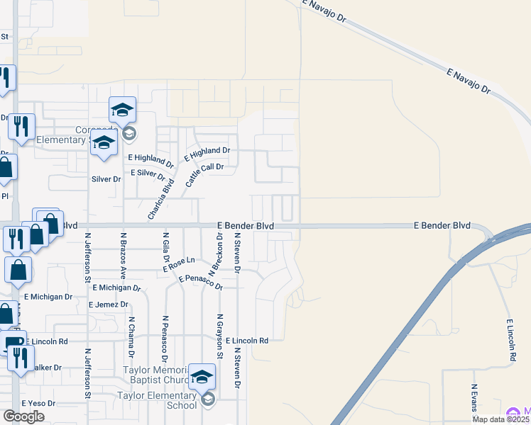 map of restaurants, bars, coffee shops, grocery stores, and more near 2310 North Desert Willow Lane in Hobbs