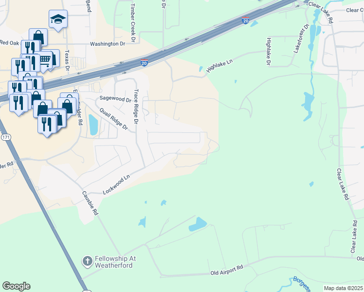 map of restaurants, bars, coffee shops, grocery stores, and more near 538 Ethan Drive in Weatherford