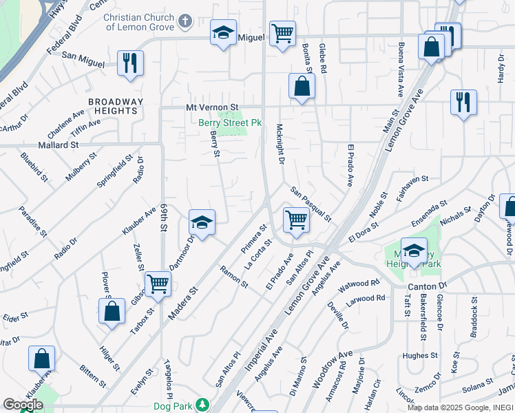 map of restaurants, bars, coffee shops, grocery stores, and more near 1942 Madera Street in Lemon Grove