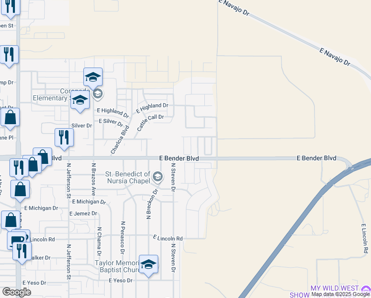 map of restaurants, bars, coffee shops, grocery stores, and more near 2310 North Mimosa Lane in Hobbs