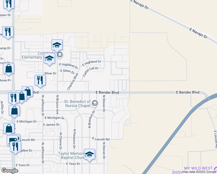 map of restaurants, bars, coffee shops, grocery stores, and more near 2311 North Mimosa Lane in Hobbs