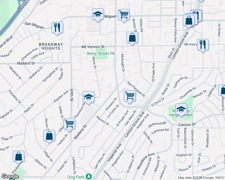 map of restaurants, bars, coffee shops, grocery stores, and more near 1942 Madera Street in Lemon Grove
