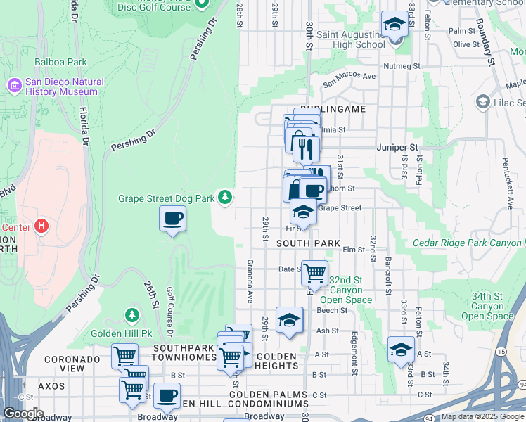 map of restaurants, bars, coffee shops, grocery stores, and more near 1944 29th Street in San Diego