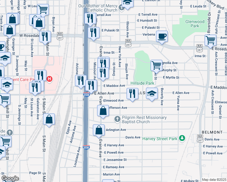 map of restaurants, bars, coffee shops, grocery stores, and more near 929 East Maddox Avenue in Fort Worth
