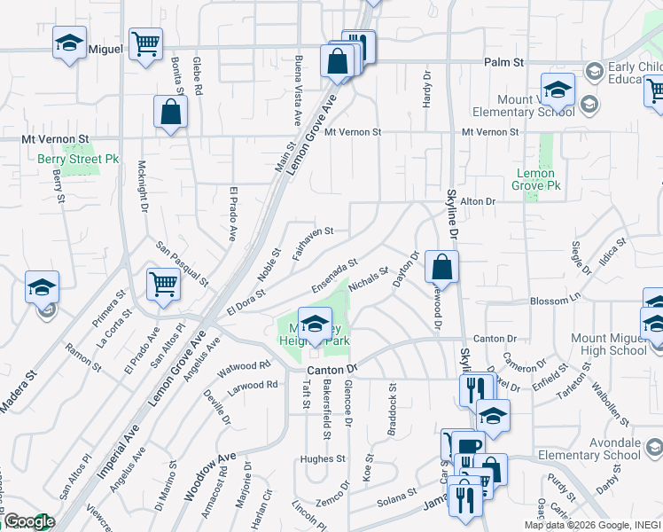map of restaurants, bars, coffee shops, grocery stores, and more near 2041 El Dora Street in Lemon Grove
