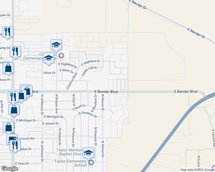 map of restaurants, bars, coffee shops, grocery stores, and more near 2315 North Mimosa Lane in Hobbs