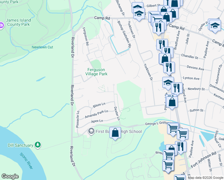 map of restaurants, bars, coffee shops, grocery stores, and more near 1712 Bassett Court in Charleston
