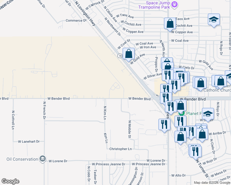 map of restaurants, bars, coffee shops, grocery stores, and more near 1302 West Bender Boulevard in Hobbs