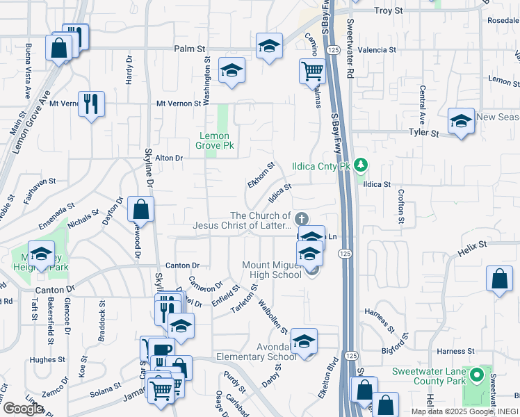 map of restaurants, bars, coffee shops, grocery stores, and more near 8349 Blossom Hill Drive in Lemon Grove