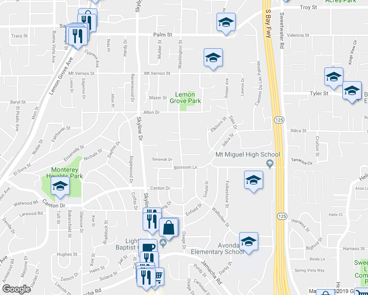 map of restaurants, bars, coffee shops, grocery stores, and more near 8233 Panchoy Street in Lemon Grove