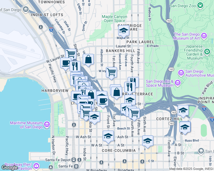 map of restaurants, bars, coffee shops, grocery stores, and more near in San Diego