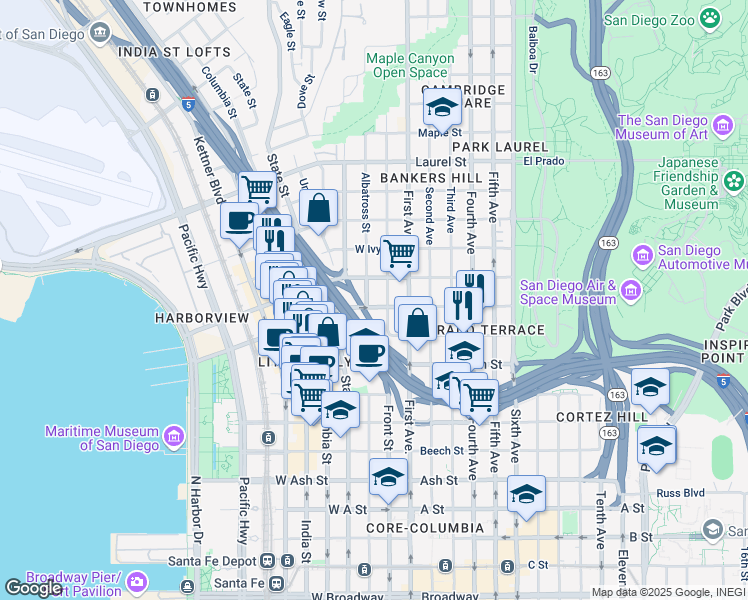map of restaurants, bars, coffee shops, grocery stores, and more near in San Diego