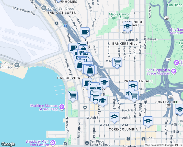 map of restaurants, bars, coffee shops, grocery stores, and more near 2159 India Street in San Diego