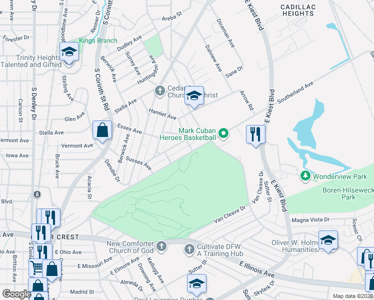 map of restaurants, bars, coffee shops, grocery stores, and more near 1654 Kent Street in Dallas