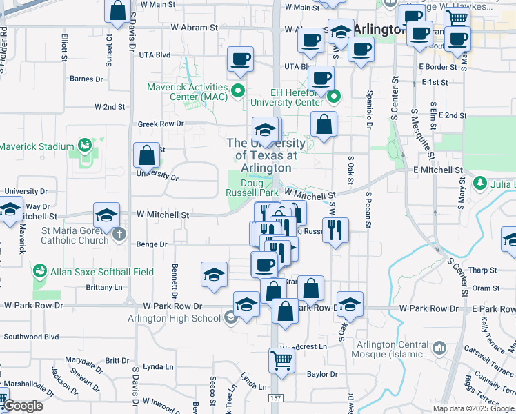 map of restaurants, bars, coffee shops, grocery stores, and more near 701 West Mitchell Street in Arlington