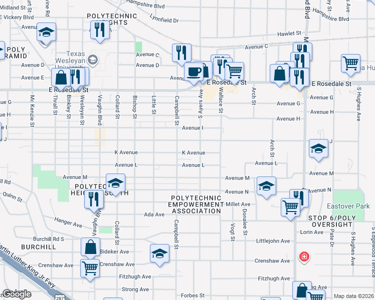 map of restaurants, bars, coffee shops, grocery stores, and more near 3620 Avenue J in Fort Worth