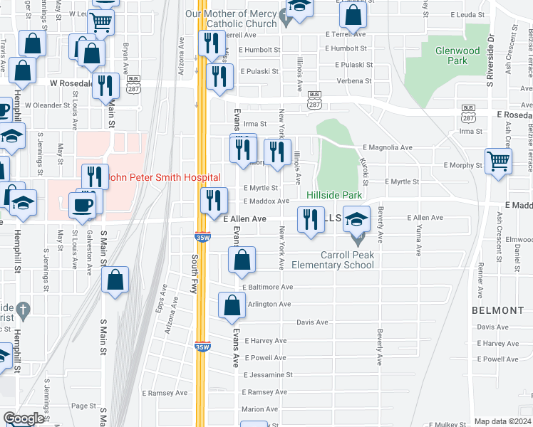 map of restaurants, bars, coffee shops, grocery stores, and more near 929 East Maddox Avenue in Fort Worth