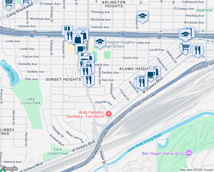 map of restaurants, bars, coffee shops, grocery stores, and more near 4405 Diaz Avenue in Fort Worth