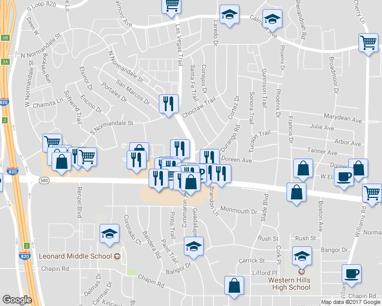 map of restaurants, bars, coffee shops, grocery stores, and more near 3213 Las Vegas Trail in Fort Worth