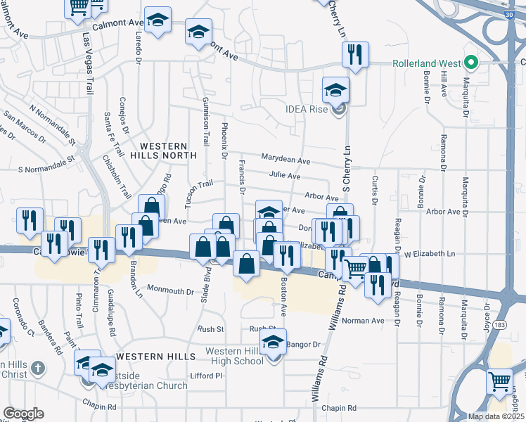 map of restaurants, bars, coffee shops, grocery stores, and more near 8125 Tanner Avenue in Fort Worth