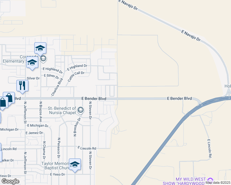 map of restaurants, bars, coffee shops, grocery stores, and more near 2310 North Mulberry Lane in Hobbs