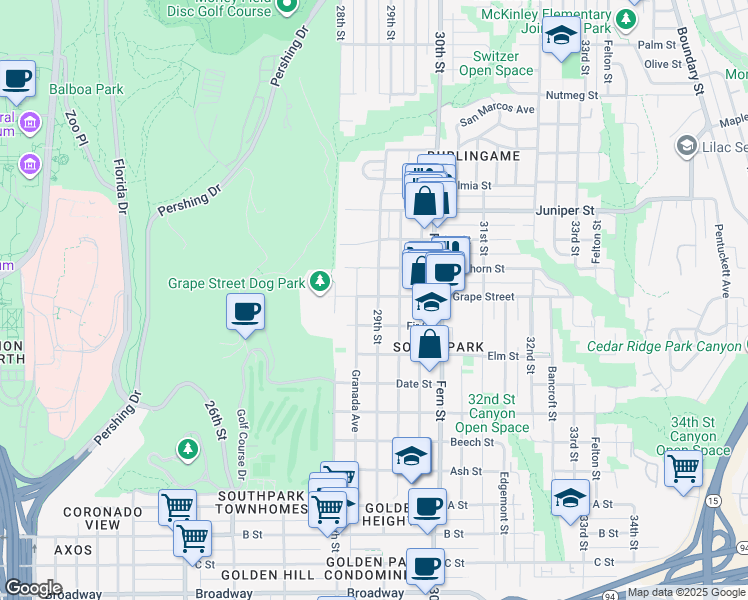 map of restaurants, bars, coffee shops, grocery stores, and more near 1944 29th Street in San Diego