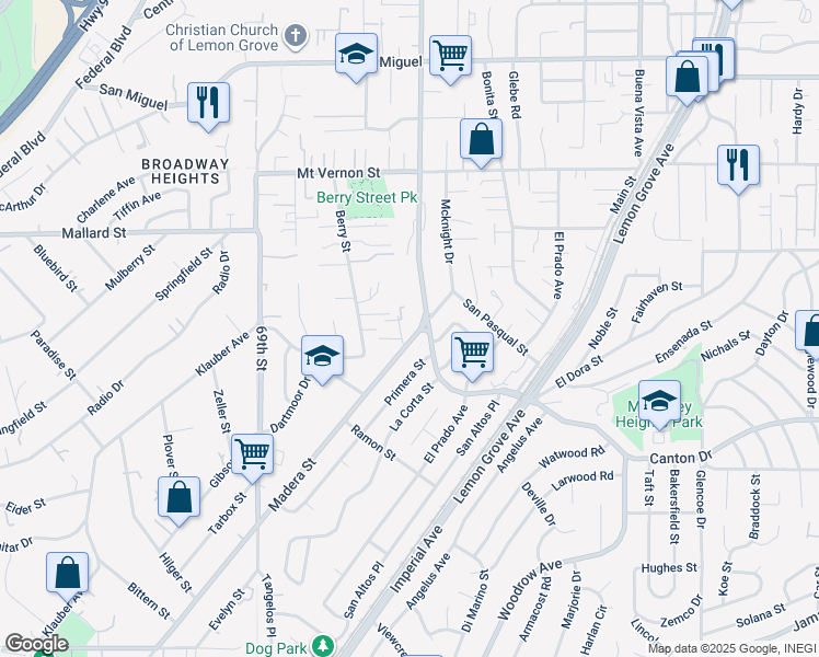 map of restaurants, bars, coffee shops, grocery stores, and more near 1942 Madera Street in Lemon Grove